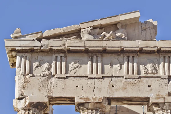 Szczegóły fronton Partenonu zachód, głowy konia i Dionizosa — Zdjęcie stockowe