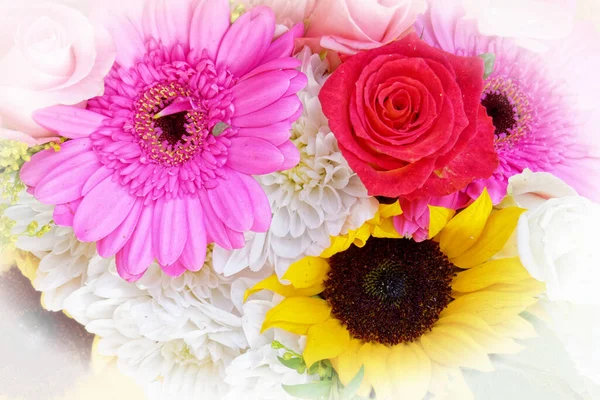 Various Colorful Flowers Bunch Top View Close Filtered Image Natural — Stock Photo, Image