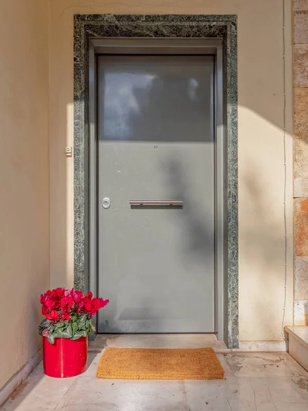 Contemporary House Entrance Metallic Grey Door Flowerpot Athens Greece — Fotografia de Stock