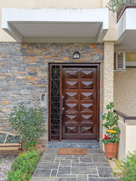 House Entrance Solid Wooden Door Stone Decorated Wall Flowerpot Athens — Stock Photo, Image