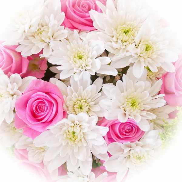 Helle Violette Rosen Und Weiße Chrysanthemen Blumen Blumenstrauß Draufsicht Gefiltertes — Stockfoto