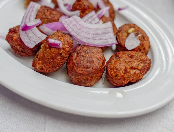 Keftedes Fried Meatballs Onion Trditional Greek Plate Close — ストック写真