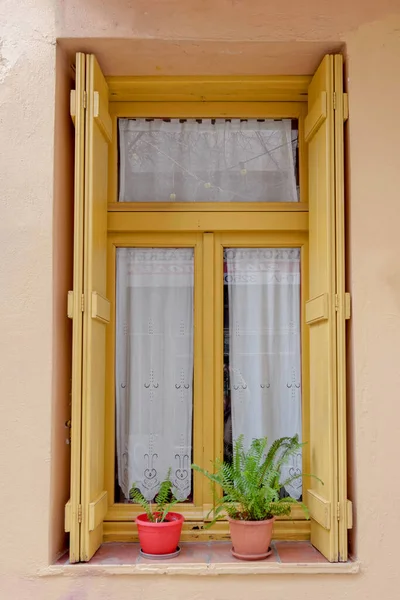 Picturesque Ocher Painted Window Potted Flowers — Fotografia de Stock