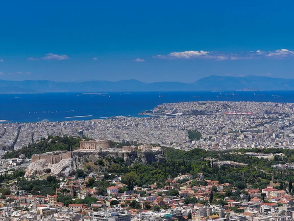Ateny Grecja Panoramiczny Widok Miejską Fakturę Partenonem Innymi Starożytnymi Świątyniami — Zdjęcie stockowe