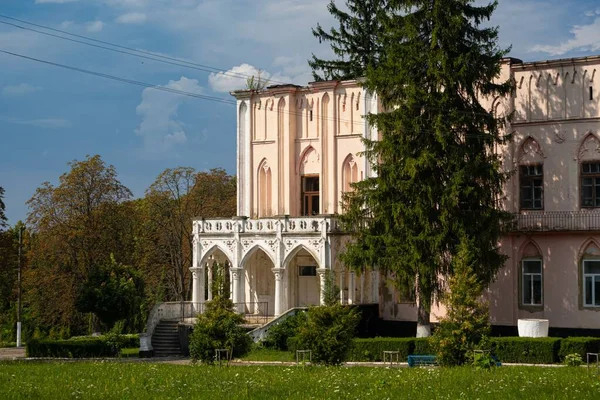 Cherniatyn, Ukrayna - 16.08.2021: Gotik Diriliş tarzında Polonyalı soylu Ignacy Witoslawski sarayının güney doğu cephesi, park ve çimlerin manzarası, turistik bir yer.