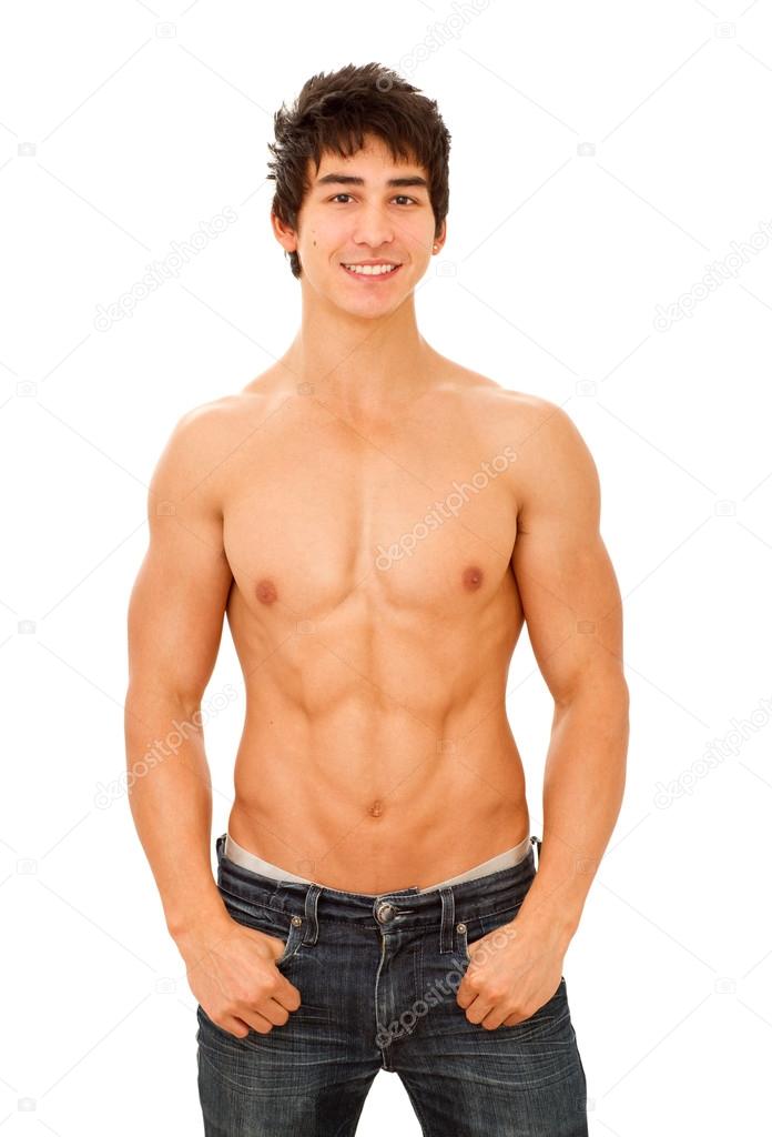Smiling handsome young man with muscular and tanned naked torso.