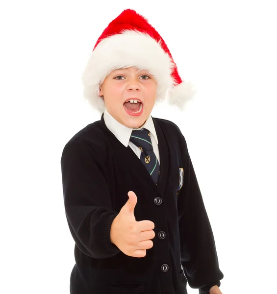 Urla ragazzo della scuola gesticolando pollice su mano segno OK. Isolato o — Foto Stock