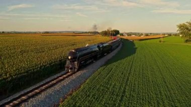 Bir Buhar Motoru Dumanı İçen ve Yolcu Koçlarıyla Güzel bir Öğleden Sonra Altın Saat Bahar Günü 'nde tek bir Track Thru Ağaçları ve Tarla Kırsalında Seyahat Eden Bir Buhar Manzarası