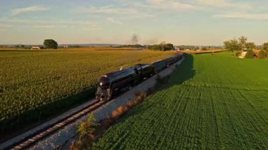 Bir Buhar Motoru Dumanı İçen ve Yolcu Koçlarıyla Güzel bir Öğleden Sonra Altın Saat Bahar Günü 'nde tek bir Track Thru Ağaçları ve Tarla Kırsalında Seyahat Eden Bir Buhar Manzarası