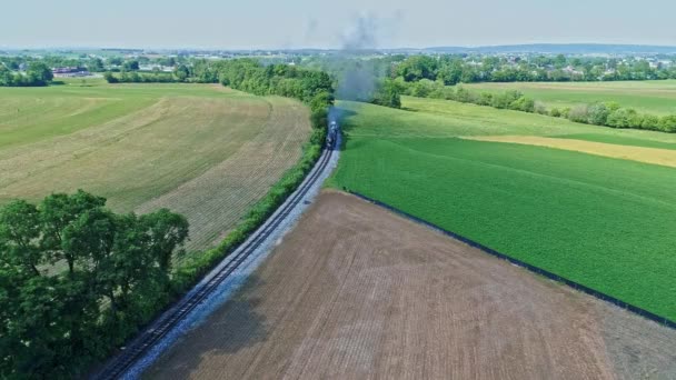Aerial View Steam Engine Puffing Smoke Steam Passenger Coaches Traveling — Stock Video