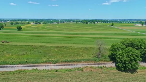 Güneşli Bir Günde Tek Bir Demiryolu Parkuruyla Çiftlik Kırsalının Hava — Stok video