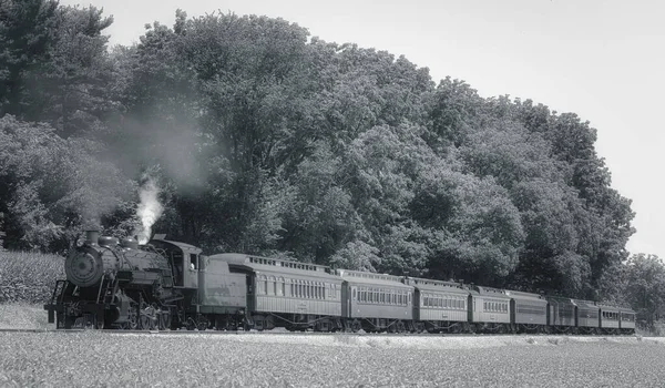 Antika Yenilenmiş Buharlı Yolcu Treni Siyah ve Beyaz Görünümü Duman ve Buhar Üflüyor