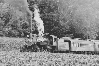 Antika Yenilenmiş Buharlı Yolcu Treni Siyah ve Beyaz Görünümü Duman ve Buhar Üflüyor