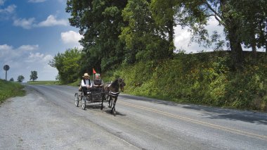 Amish Açık Atı ve At Arabası içinde bir çift ve kızı ile yaklaşıyor.