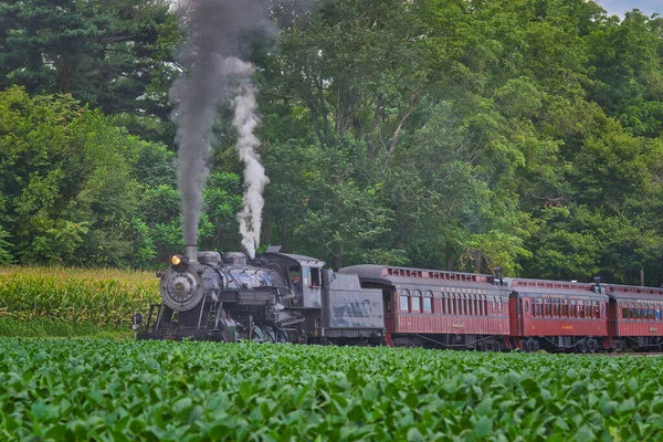 Train de voyageurs à vapeur restauré antique soufflant de la fumée et de la vapeur — Photo