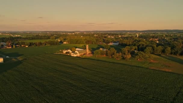 Una Vista Aérea Las Granjas Campos Amish Durante Hora Dorada — Vídeo de stock