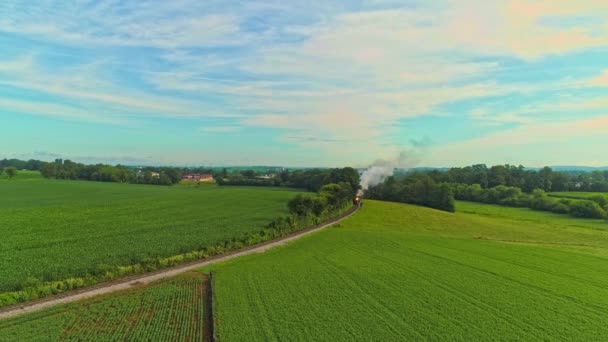 Paysage Aérien Des Terres Agricoles Une Ancienne Moteur Vapeur Passe — Video