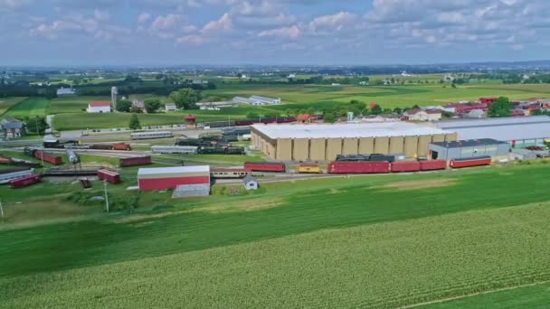 在美丽的夏日 用火车车场和五彩斑斓的色彩 从空中游览玉米地和收获庄稼 — 图库视频影像