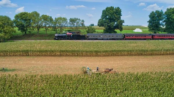Aerial View of a Antique Steam Passenger Train Going By While Amish Farmers Harvest Their Crops — Stock Fotó