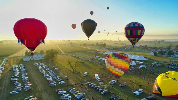 Aerial View of Many Hot Air Balloons Getting Ready to Take Off — Zdjęcie stockowe