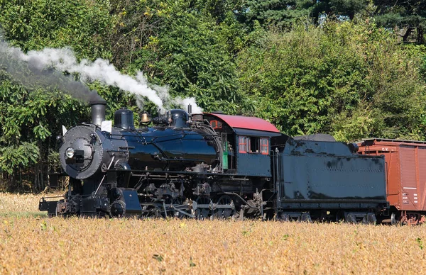 Restored Antique Steam Freight Train Passing Blowing Smoke — Stok fotoğraf