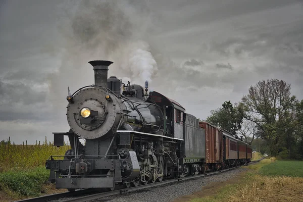 Antique Restored Steam Freight Train Approaching Head on Blowing Smoke and Steam — Fotografia de Stock