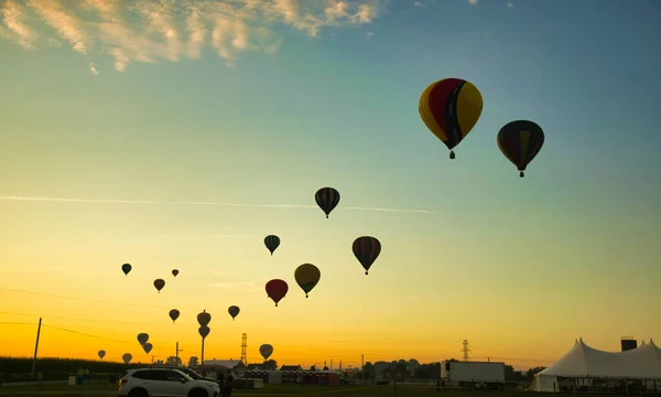 View of Many Hot Air Balloons Getting Ready to Take Off On An Early Morning — Fotografia de Stock