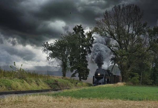 Antique Restored Steam Freight Train Approaching Blowing Smoke and Steam Стоковое Изображение