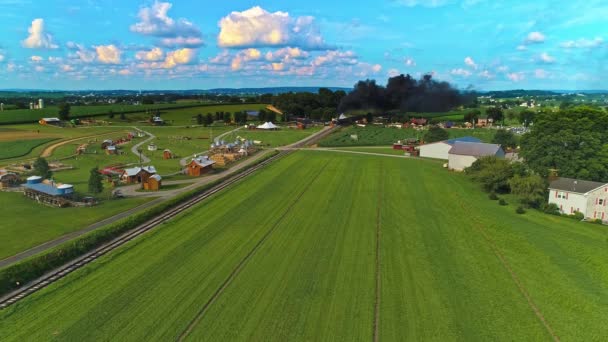 Aerial View Amish Farm Lands Single Rail Road Track Steam — Stok Video