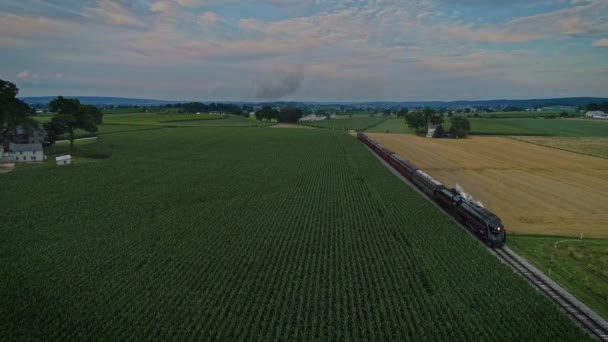 Ronks Pennsylvania July 2021 Aerial View Antique Steam Passenger Train — Stock Video