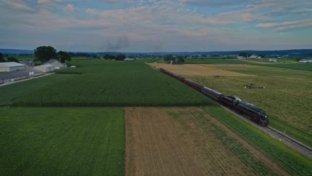 Ronks Pennsylvania July 2021 Aerial View Antique Steam Passenger Train — Stock Video