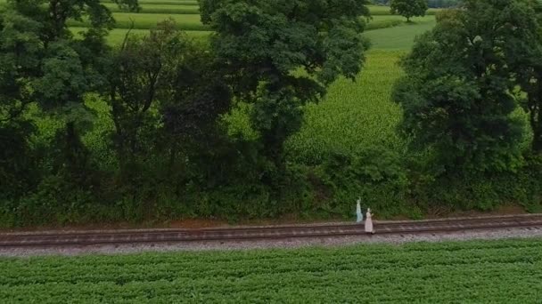 Vedere Aeriană Două Fete Amish Care Merg Singur Drum Feroviar — Videoclip de stoc