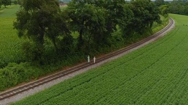 Een Luchtfoto Van Twee Amish Meisjes Die Wandelen Een Spoorweg — Stockvideo