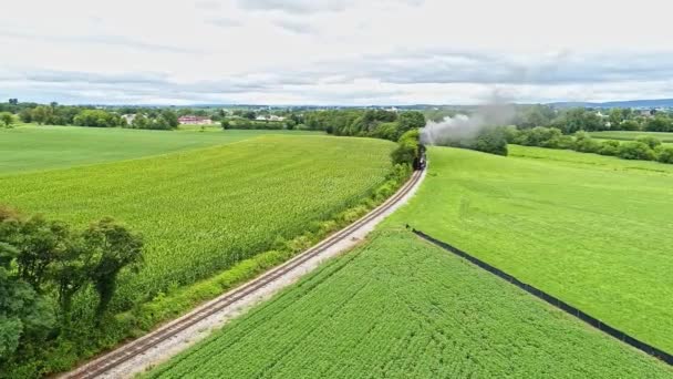 Aerial View Amish Farm Lands Single Rail Road Track Steam — Stock Video
