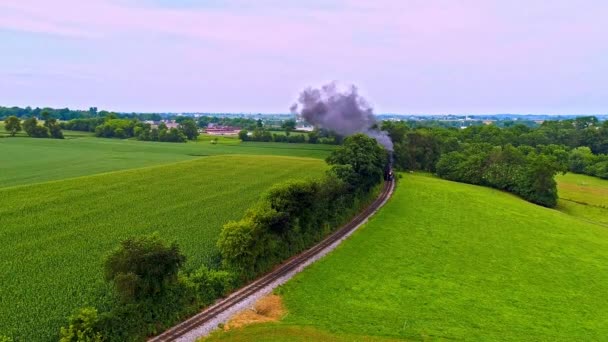 Aerial View Antique Steam Passenger Train Blowing Black Smoke Thru — Stok Video