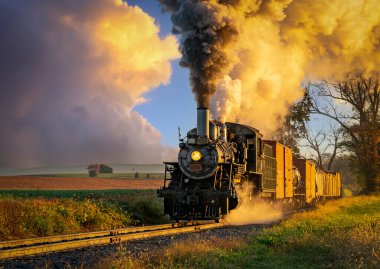 Antik Yük Buharlı Treni Görünümü Duman Esintisi Ağaçlara Yaklaşıyor