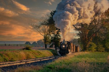 Antik Yük Buharlı Treni Görünümü Duman Esintisi Ağaçlara Yaklaşıyor