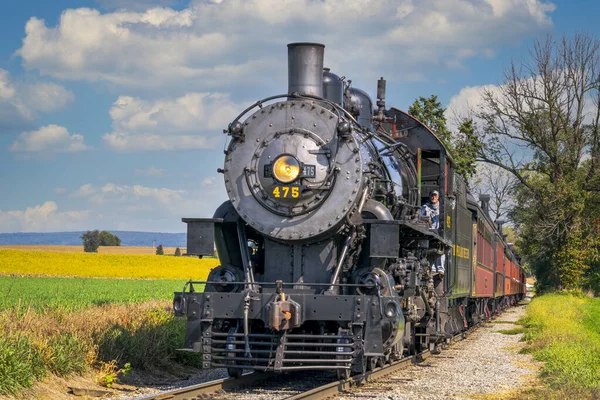 Vista de una locomotora de vapor antigua acercándose a través de árboles —  Fotos de Stock