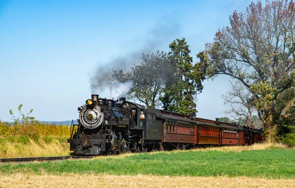 Vista de una locomotora de vapor antigua acercándose a través de árboles —  Fotos de Stock