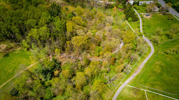 Aerial View of Spring Trees and Landscape With Trails and Roads Running Thru It, on a Sunny Spring Day.