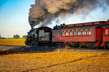 Antik Yolcu Buharlı Treni Güneşte Duman Eten Seyahat Geçidi Görünümü
