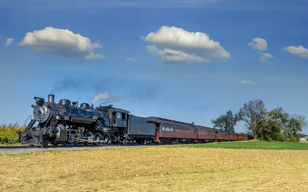 Vista de una locomotora de tren de vapor antigua acercándose a través de árboles —  Fotos de Stock