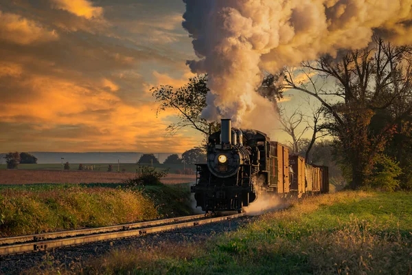 Antik Yük Buharlı Treni Görünümü Duman Esintisi Ağaçlara Yaklaşıyor — Stok fotoğraf