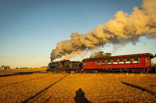 Άποψη ενός τρένου ατμού επιβατών αντίκας που φυσά καπνό Ταξιδεύοντας πέρασμα στο Sunrise — Φωτογραφία Αρχείου