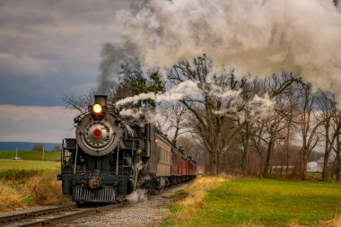 Bulutlu bir günde, öğleden sonra, Antik Yük Buharlı Treni 'nin Dumanı' nın Ağaçlara Yaklaşırken Görünüşü