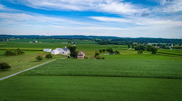 Güneşli bir yaz gününde yetişen tepelere ve verimli mahsullerin tarlalarına bakan ahır ve silolarla dolu tarım arazilerinin havadan görüntüsü.