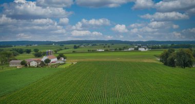 Drone View of Amish Countryside With Barns and Silos, a Patch Work of Corps and Farmlands on Sunny Day.