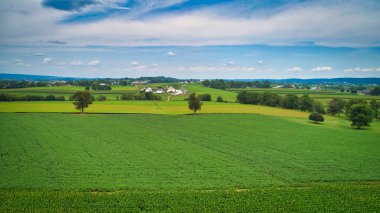 Drone View of Amish Countryside With Barns and Silos, a Patch Work of Corps and Farmlands on Sunny Day.
