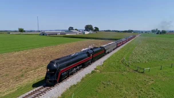 Drone Slightly Ahead View Antique Steam Passenger Train Traveling Thru — Vídeo de Stock