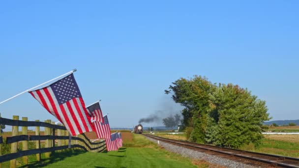 View Steam Passenger Train Approaching Blowing Smoke Steam American Flags — Vídeos de Stock